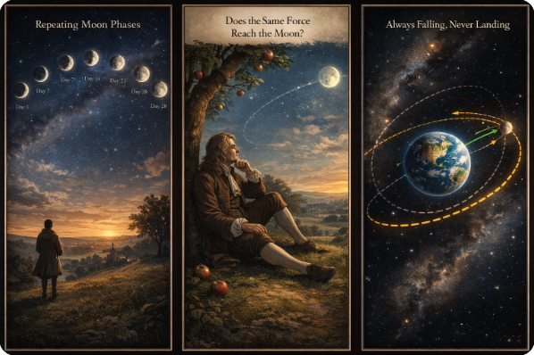 Newton observing an apple and the moon